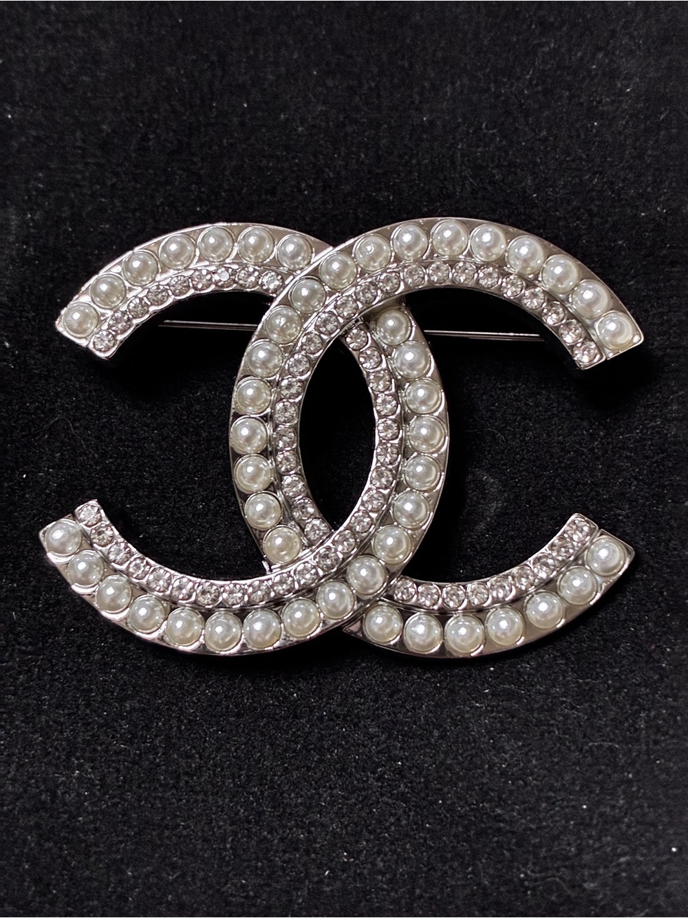 Double C Logo Silver- Tone Pearl and Crystal Brooch